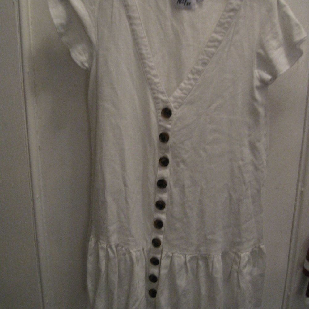 Princess Polly Te Amo Button Down Short Sleeve Mini Ruffled White Linen Dress